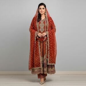 Pakistani Indian Women's Bridal Formal Long Dress - 3-Piece, Rust